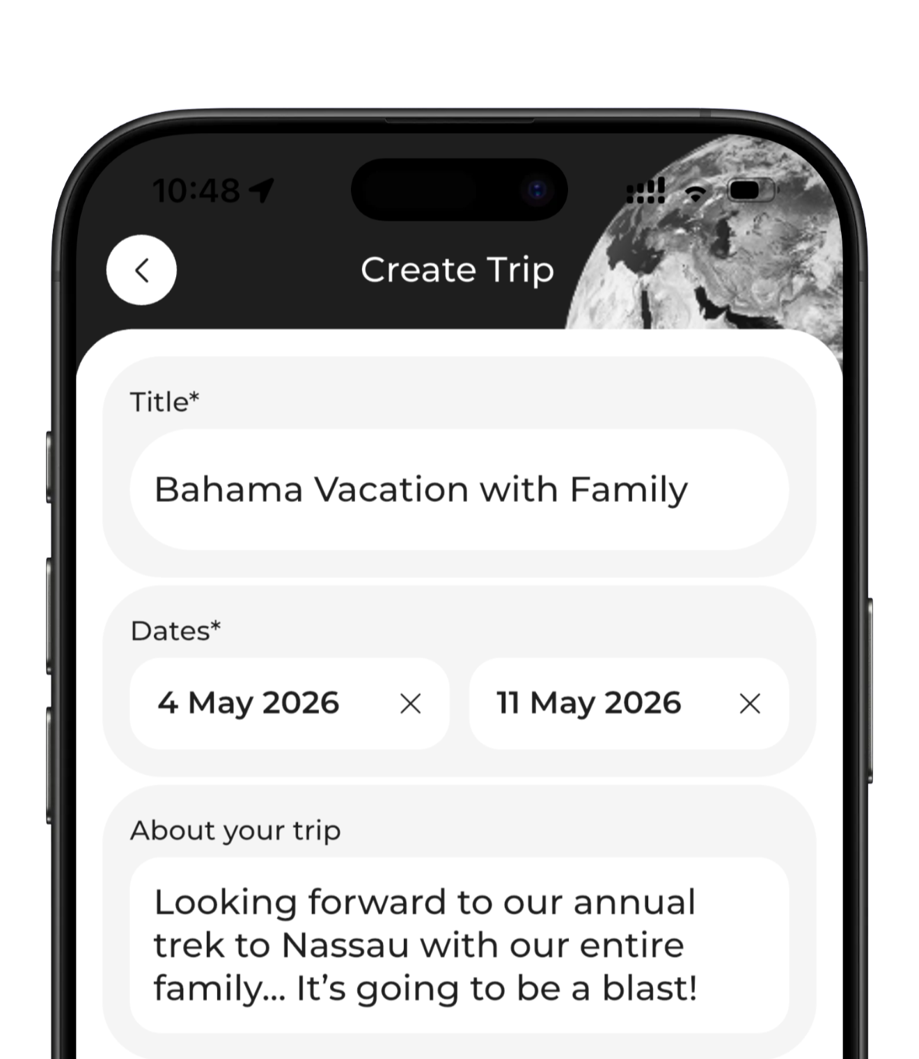 Mobile app screen for creating a trip with the title 'Bahama Vacation with Family', travel dates from May 4 to May 11, 2026, and a description about a trip to Nassau.