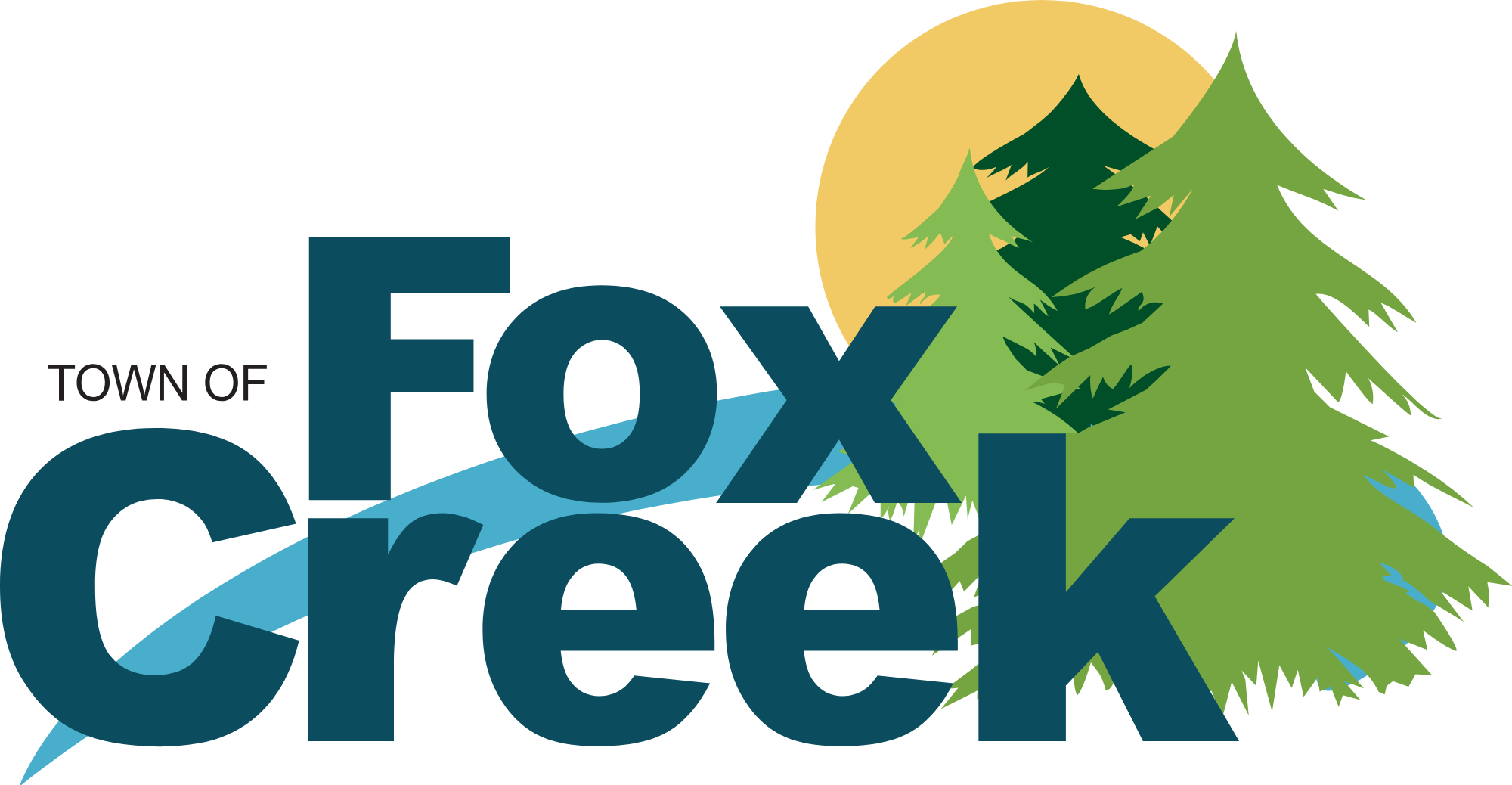 Logo for the Town of Fox Creek featuring green pine trees, a blue river, a yellow sun, and the text 'Town of Fox Creek' in large blue letters.