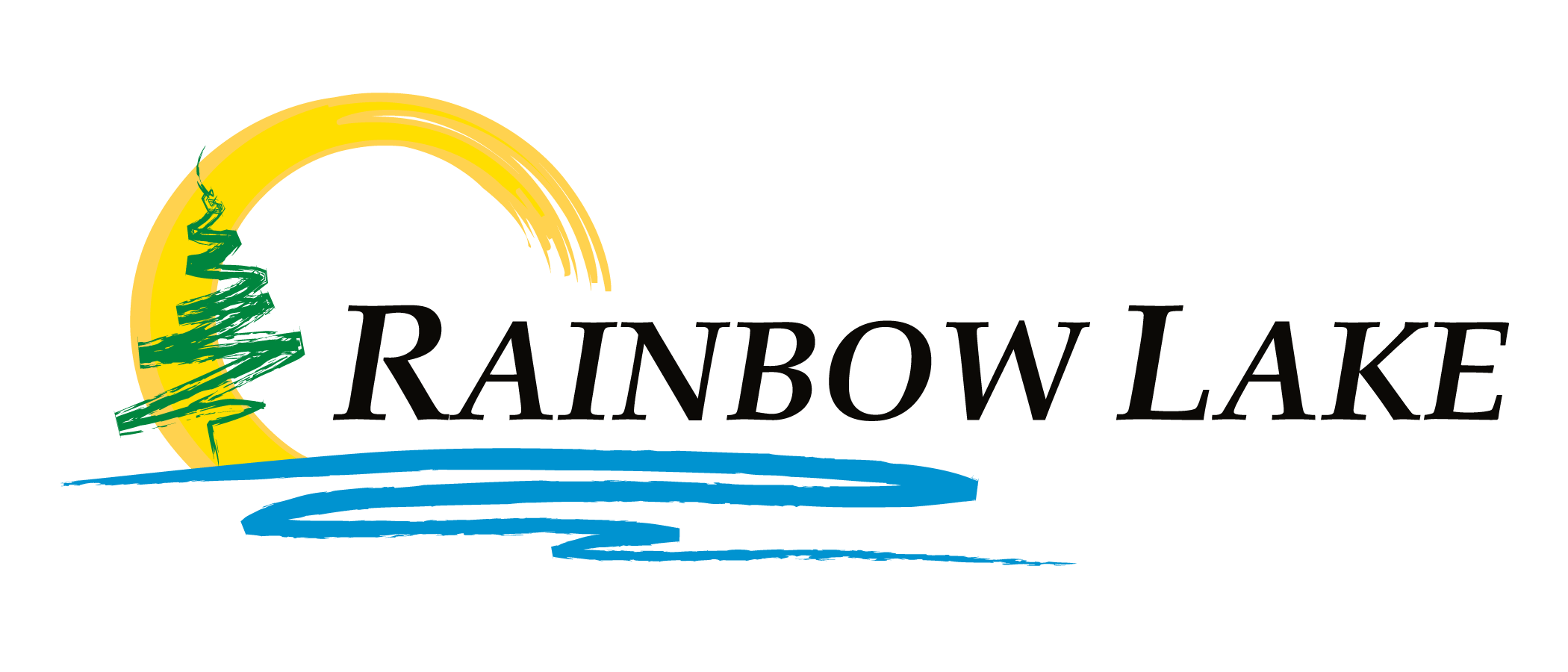 Rainbow Lake logo with a stylized sun, a green evergreen, and blue water