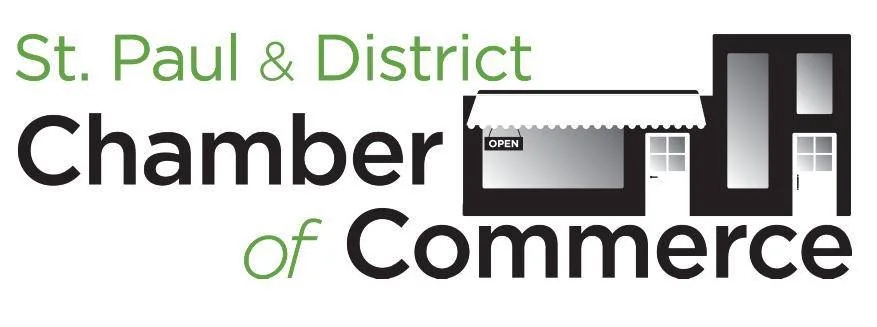 Logo of the St. Paul & District Chamber of Commerce featuring stylized text and an illustration of a storefront with an 'Open' sign.