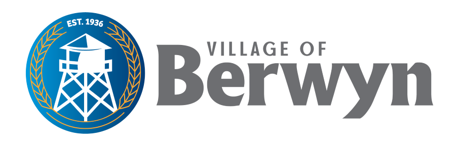 Logo of the Village of Berwyn, established 1936, featuring a white water tower symbol within a blue circle and gold laurel branches.