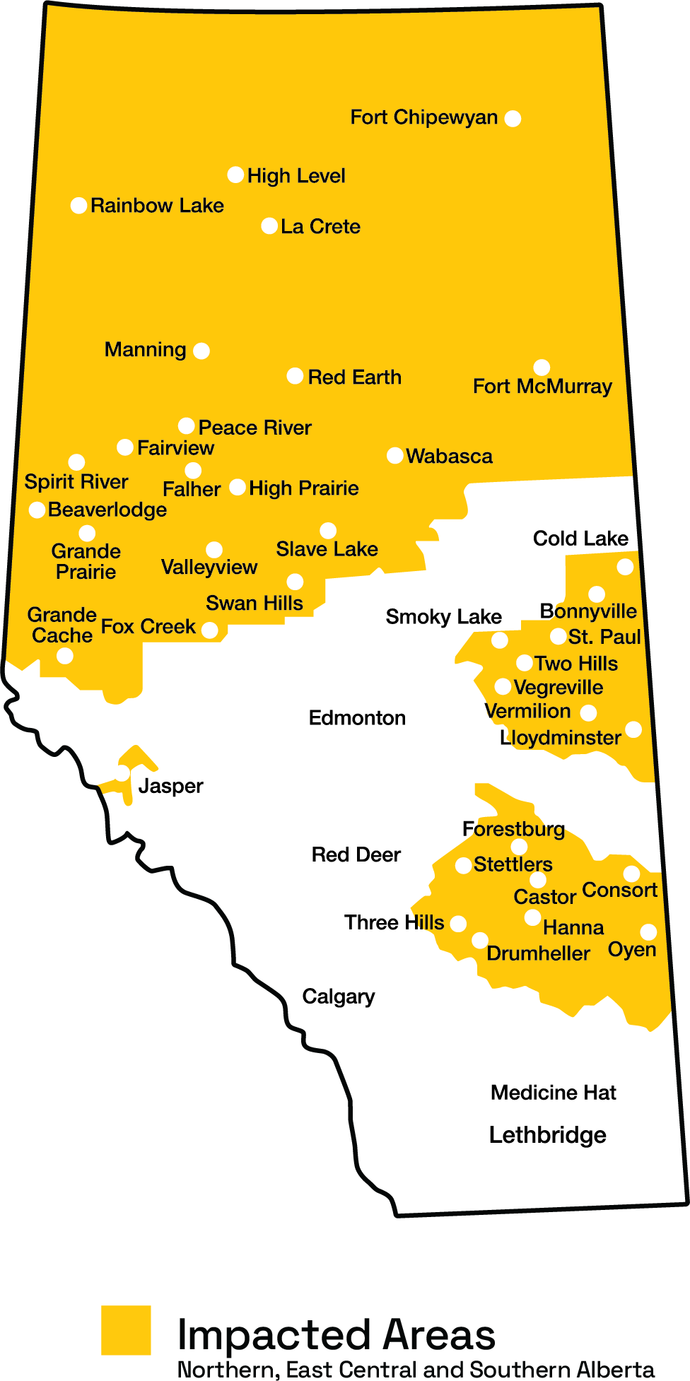 A map of Alberta, Canada, highlighting the impacted areas in yellow. It shows various cities and towns, such as Fort Chipewyan, Rainbow Lake, La Crete, Manning, Peace River, High Prairie, Grande Prairie, Slave Lake, and Edmonton. The map labels the impacted areas across Northern, East Central, and Southern Alberta.