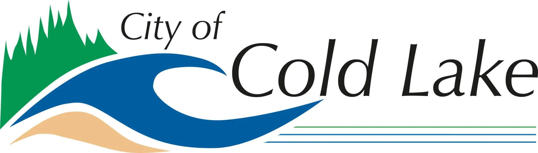 Logo of the City of Cold Lake featuring green pine trees, a blue lake, a sandy shore, and horizontal lines representing water.