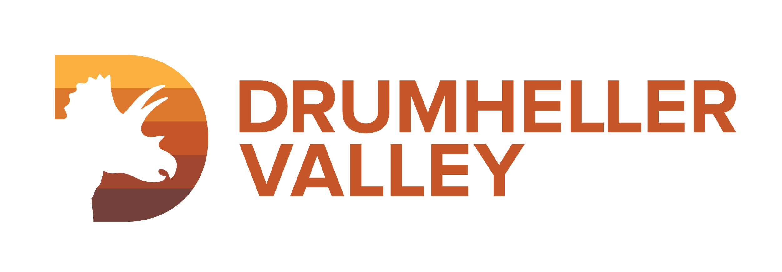 Logo of Drumheller Valley featuring a stylized dinosaur head in warm earthy tones and bold text.