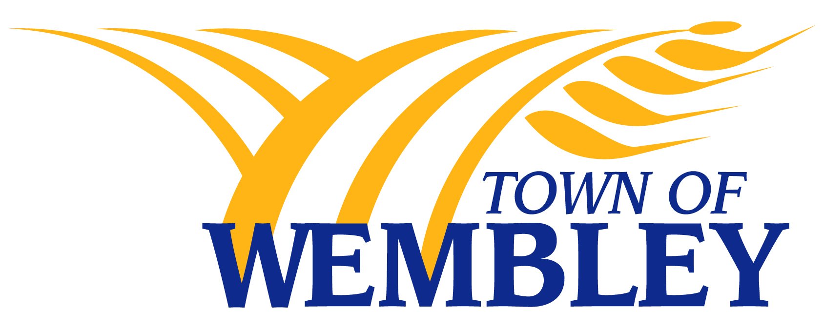 Logo of the Town of Wembley featuring stylized yellow wheat stalks and the text "TOWN OF WEMBLEY" in blue.