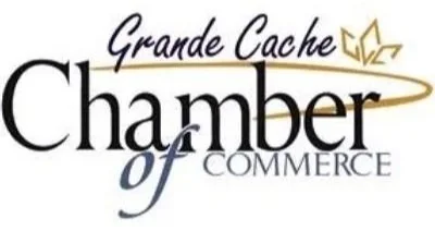 Logo of Grande Cache Chamber of Commerce featuring black and gold text and a stylized gold maple leaf.