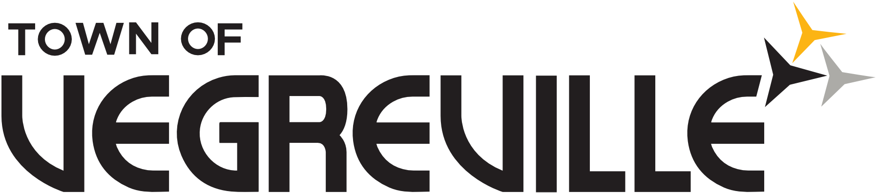 Logo with the text 'Town of Vegreville' and three star symbols in yellow, black, and gray.