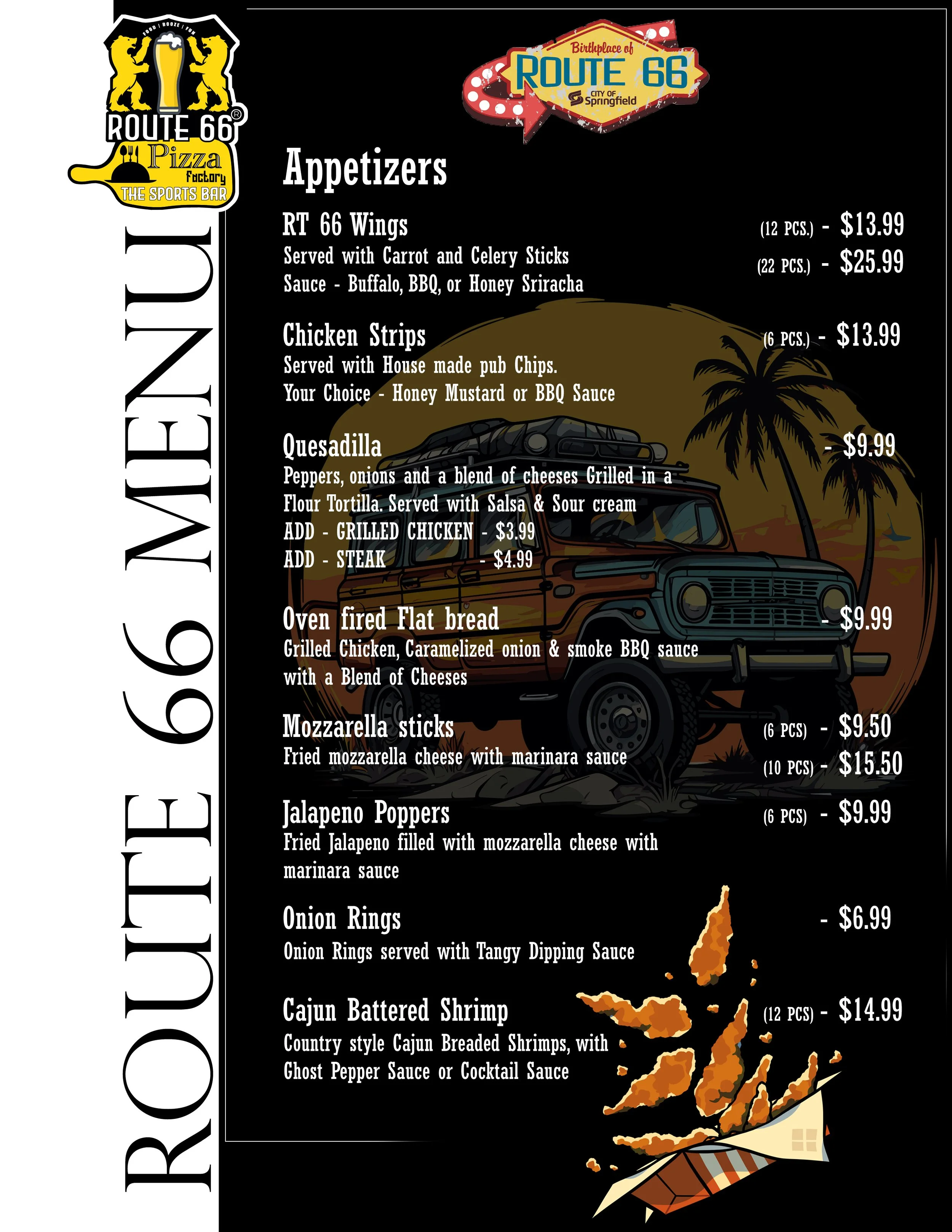 Menu featuring appetizers at Route 66 Pizza Factory Sports Bar in Springfield, including chicken wings, chicken strips, quesadillas, oven-fired flatbread, mozzarella sticks, jalapeño poppers, onion rings, and Cajun battered shrimp, with prices listed