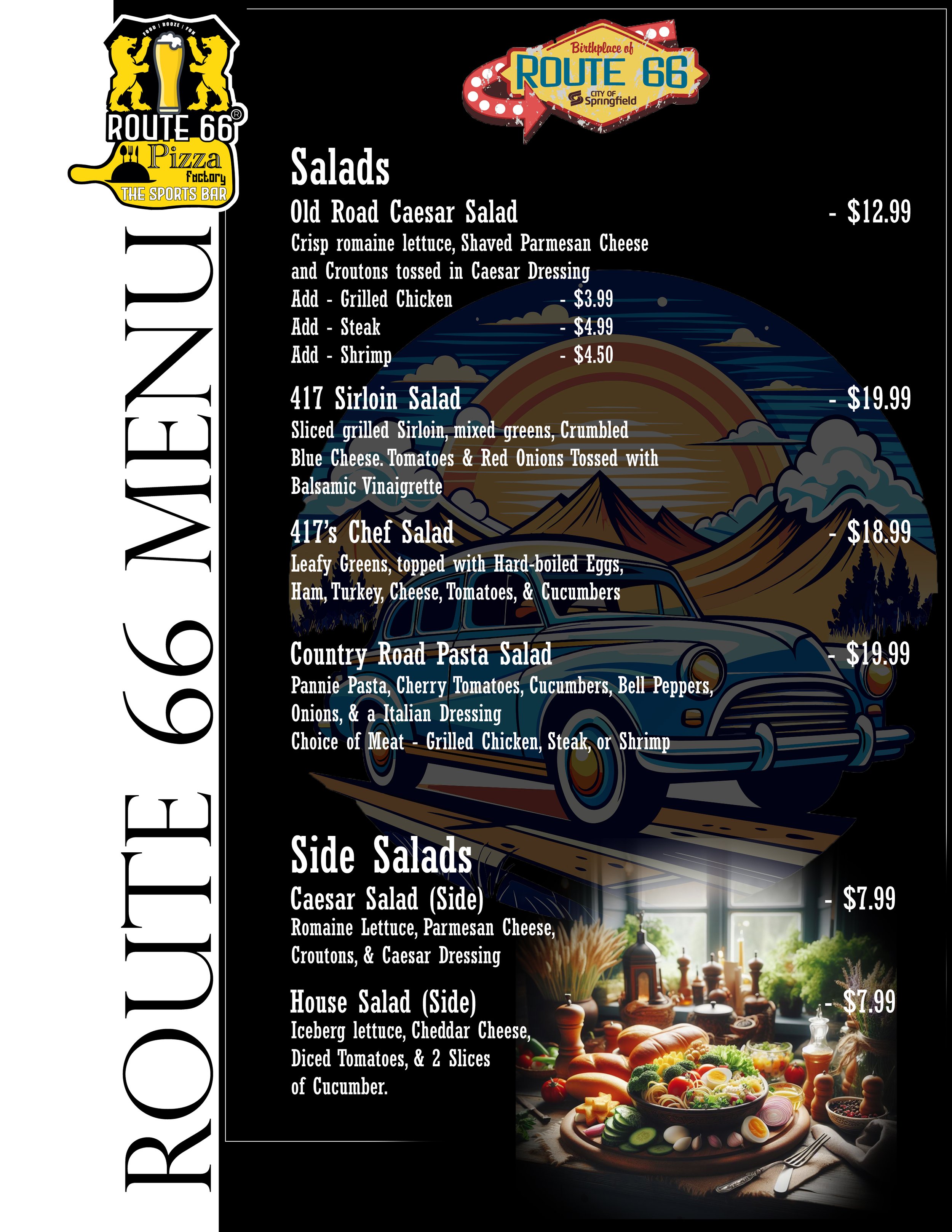 A menu featuring salads and side salads from Route 66 Pizza Factory, with a background illustration of a vintage car and mountains at sunset, and a picture of a salad on a table.