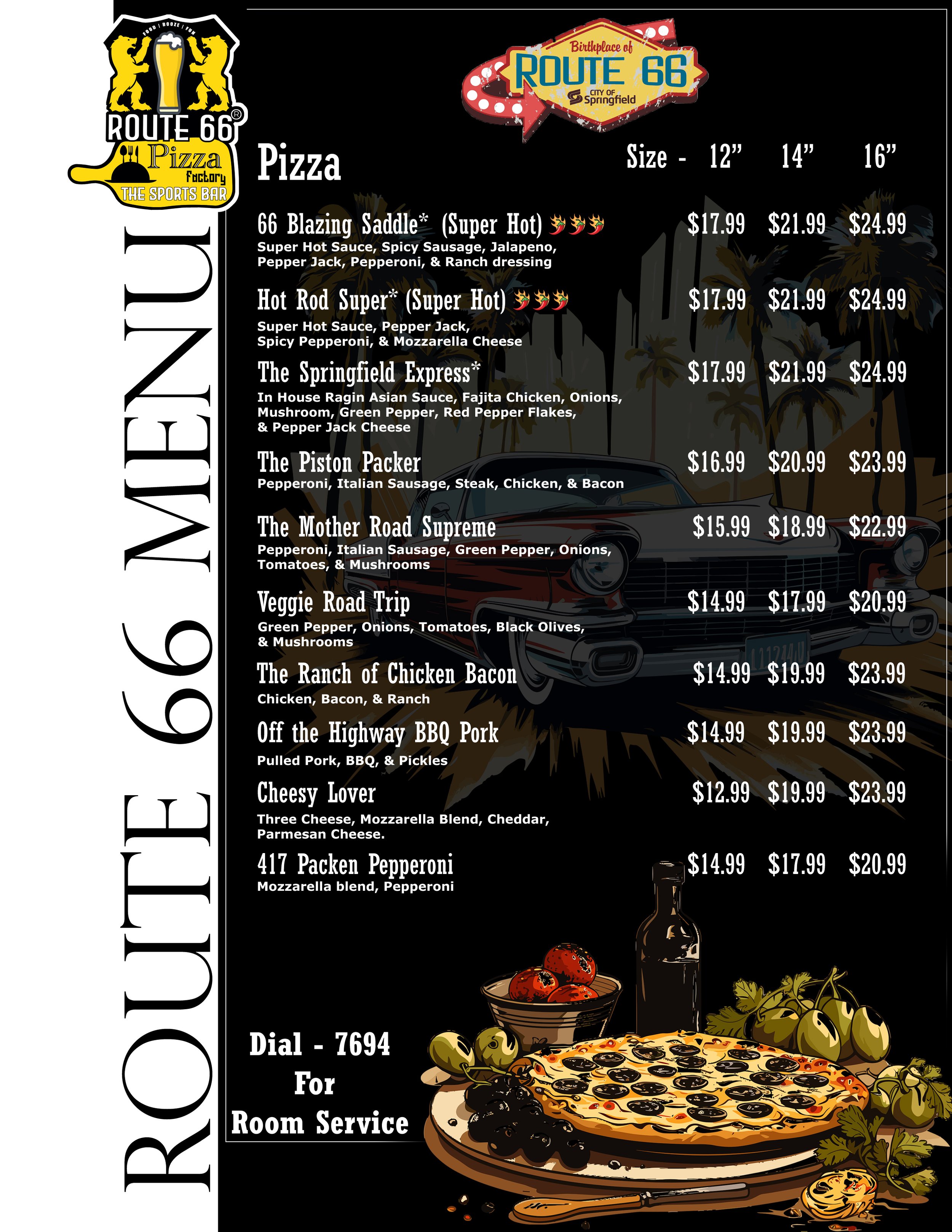 Menu featuring various pizza options with prices for sizes 12, 14, and 16 inches. Pizzas include Blazing Saddle, Hot Rod Super, Springfield Express, Piston Packer, Mother Road Supreme, Veggie Road Trip, Ranch of Chicken Bacon, off the Highway BBQ Por
