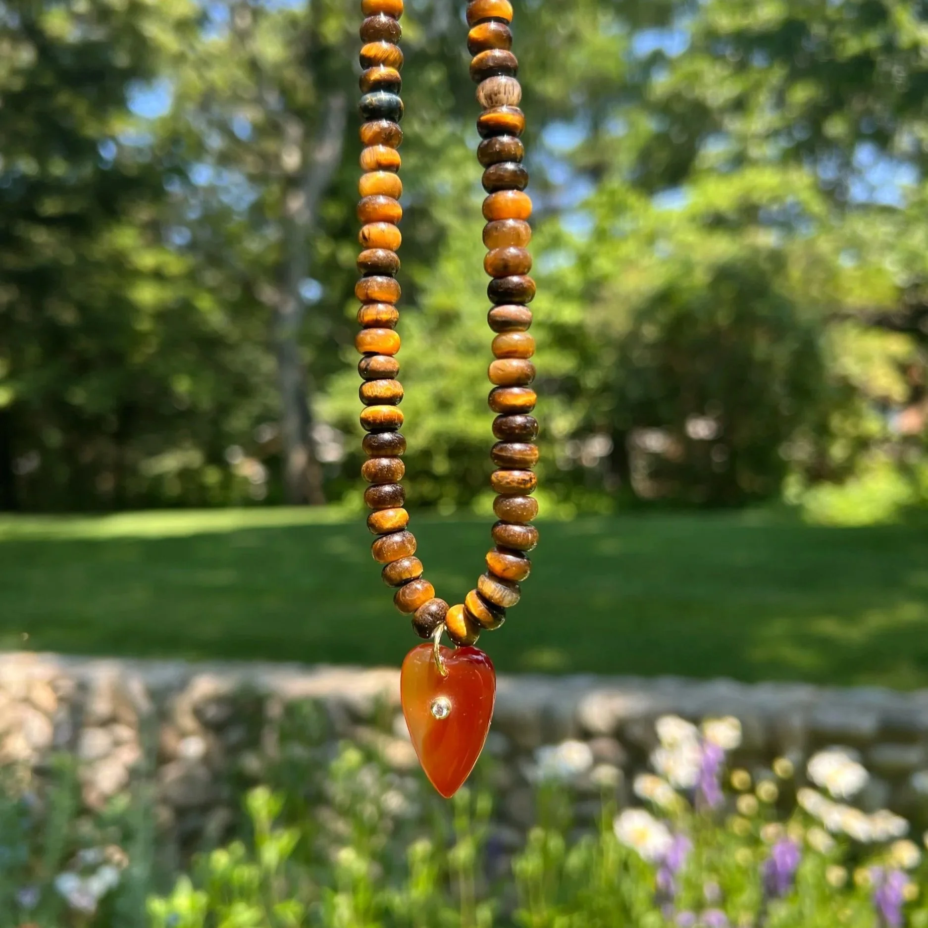 tigereye heart pendant beaded gemstone necklace gold filled details