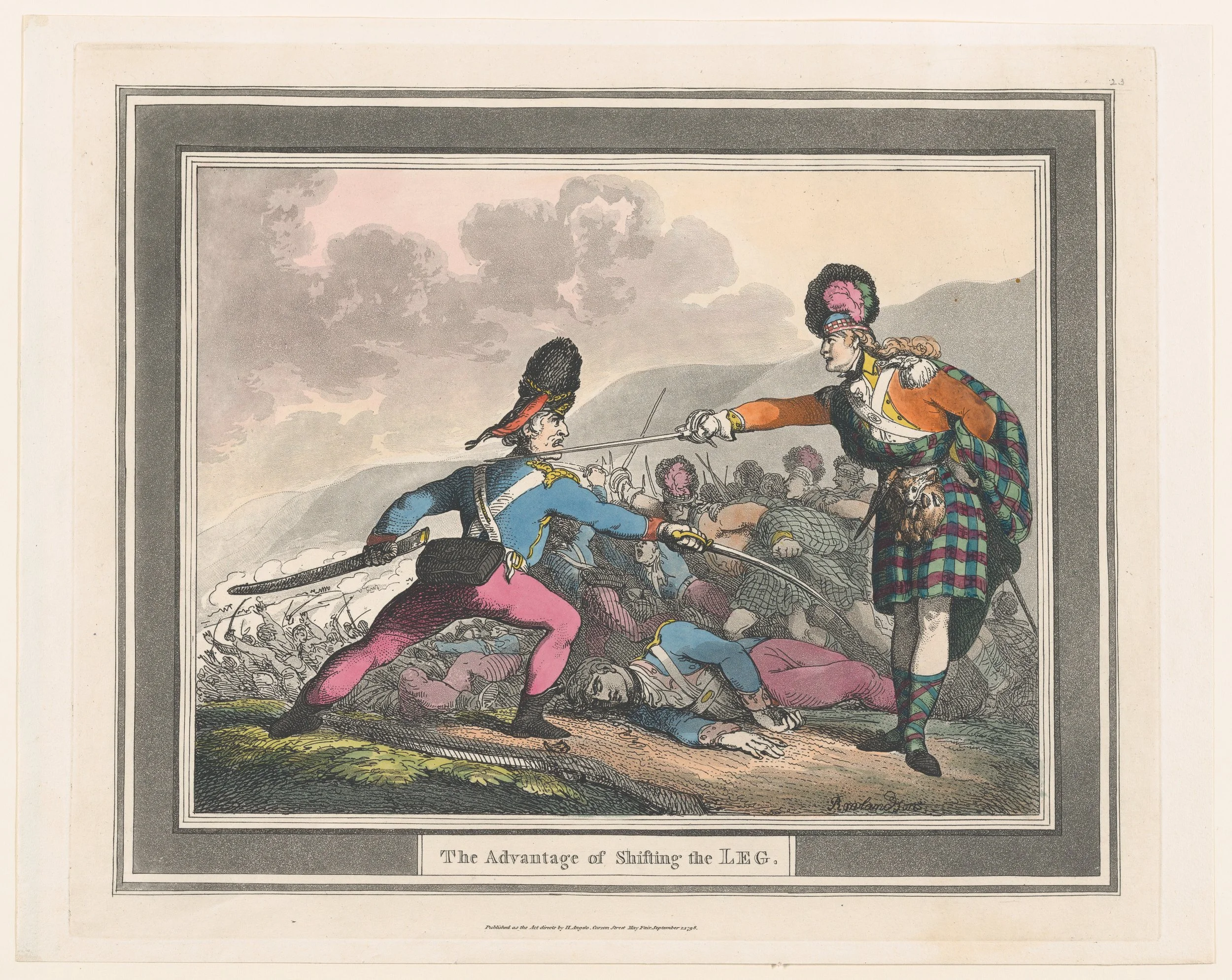 Historical illustration of two soldiers fighting with swords on a battlefield, with one soldier dressed in blue and pink and the other in tartan, under a cloudy sky.