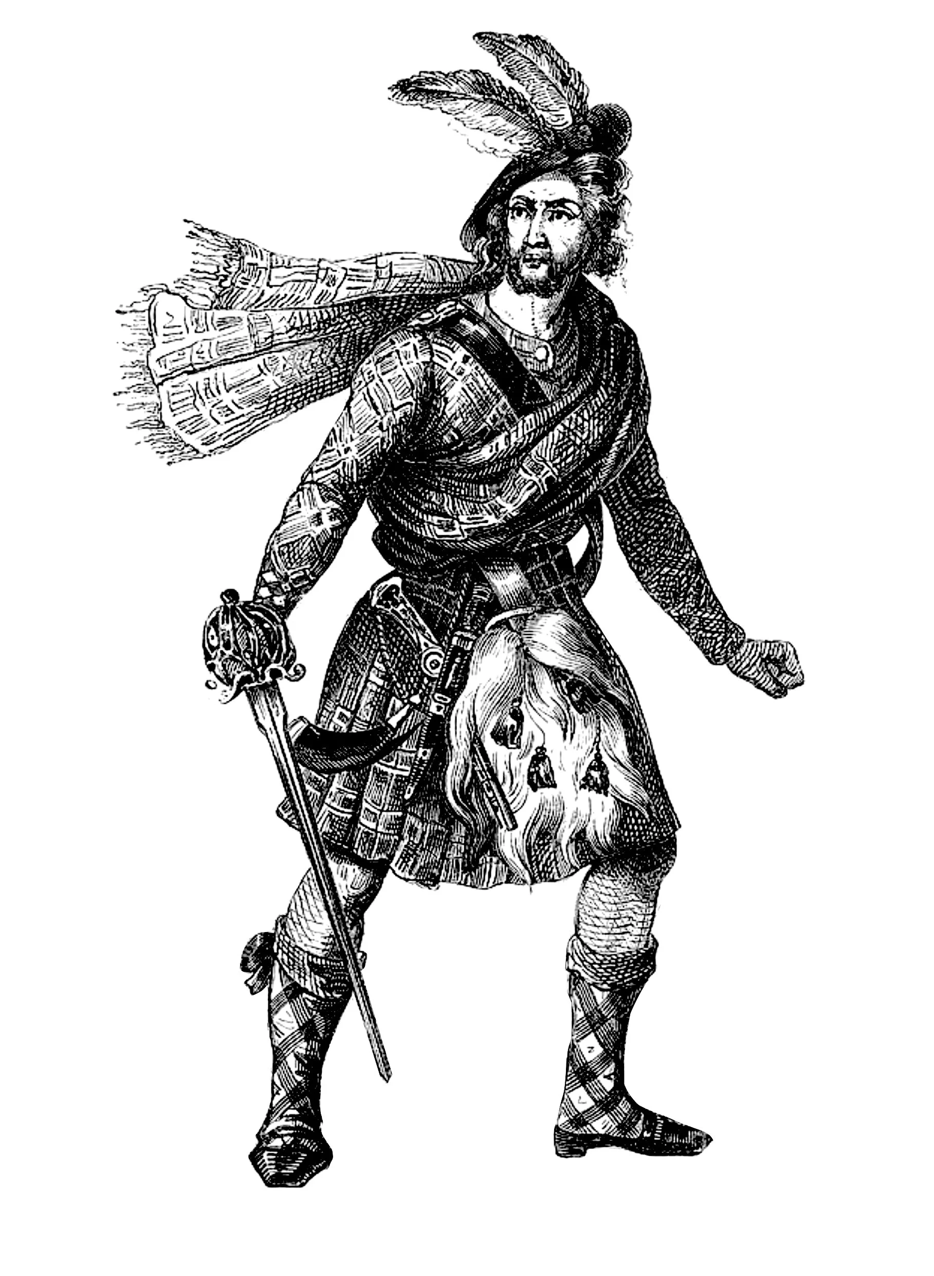 A black-and-white drawing of a man dressed in traditional Scottish attire, including a kilt, with a sword in his right hand and a sash across his chest. He is wearing a hat adorned with feathers.