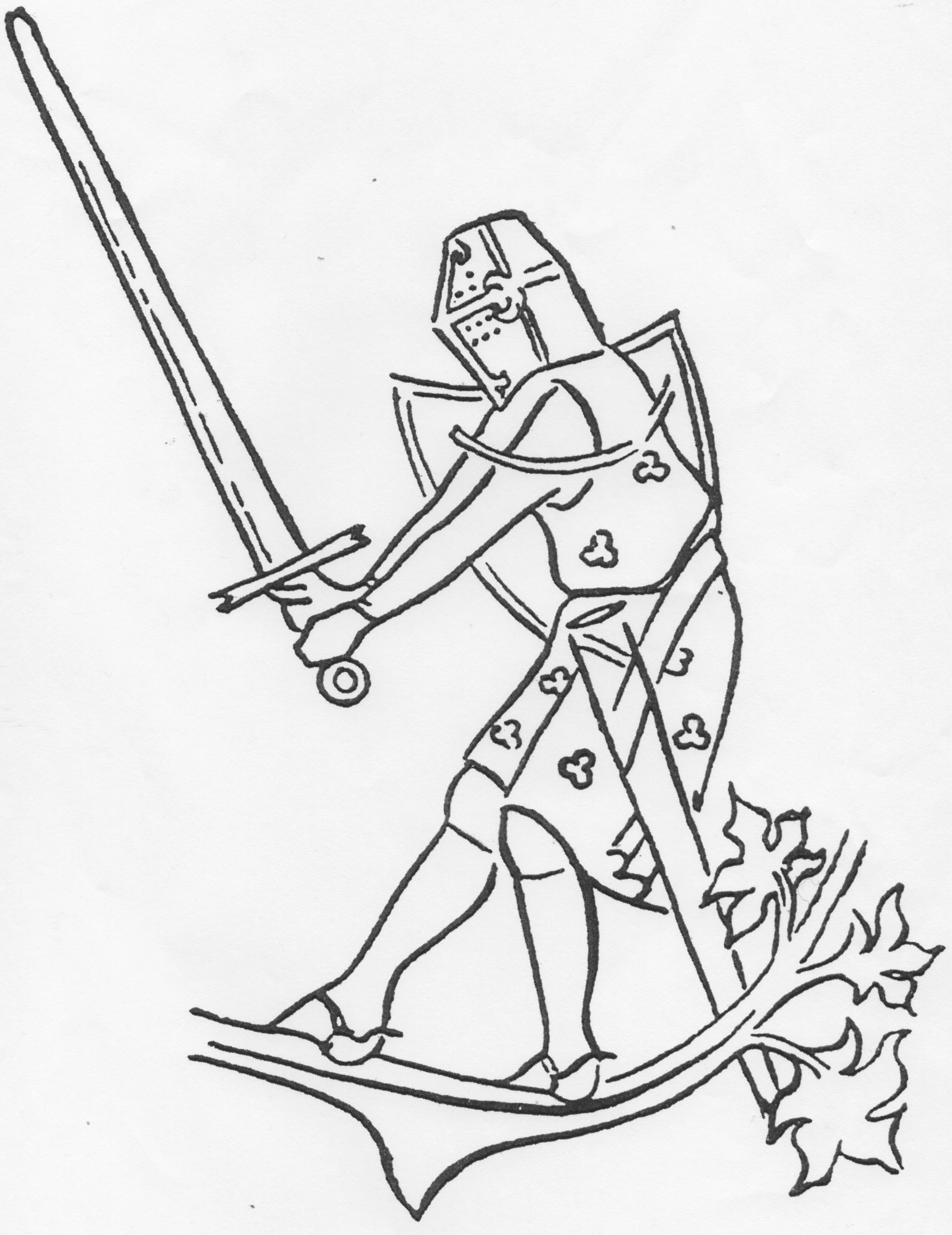 Black and white line drawing of a medieval knight in armor holding a sword, standing on a leaf, with a leafy branch in the background.