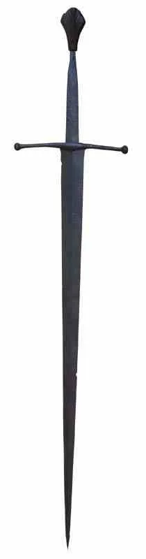 Medieval-style sword with a dark blade and a black pommel.