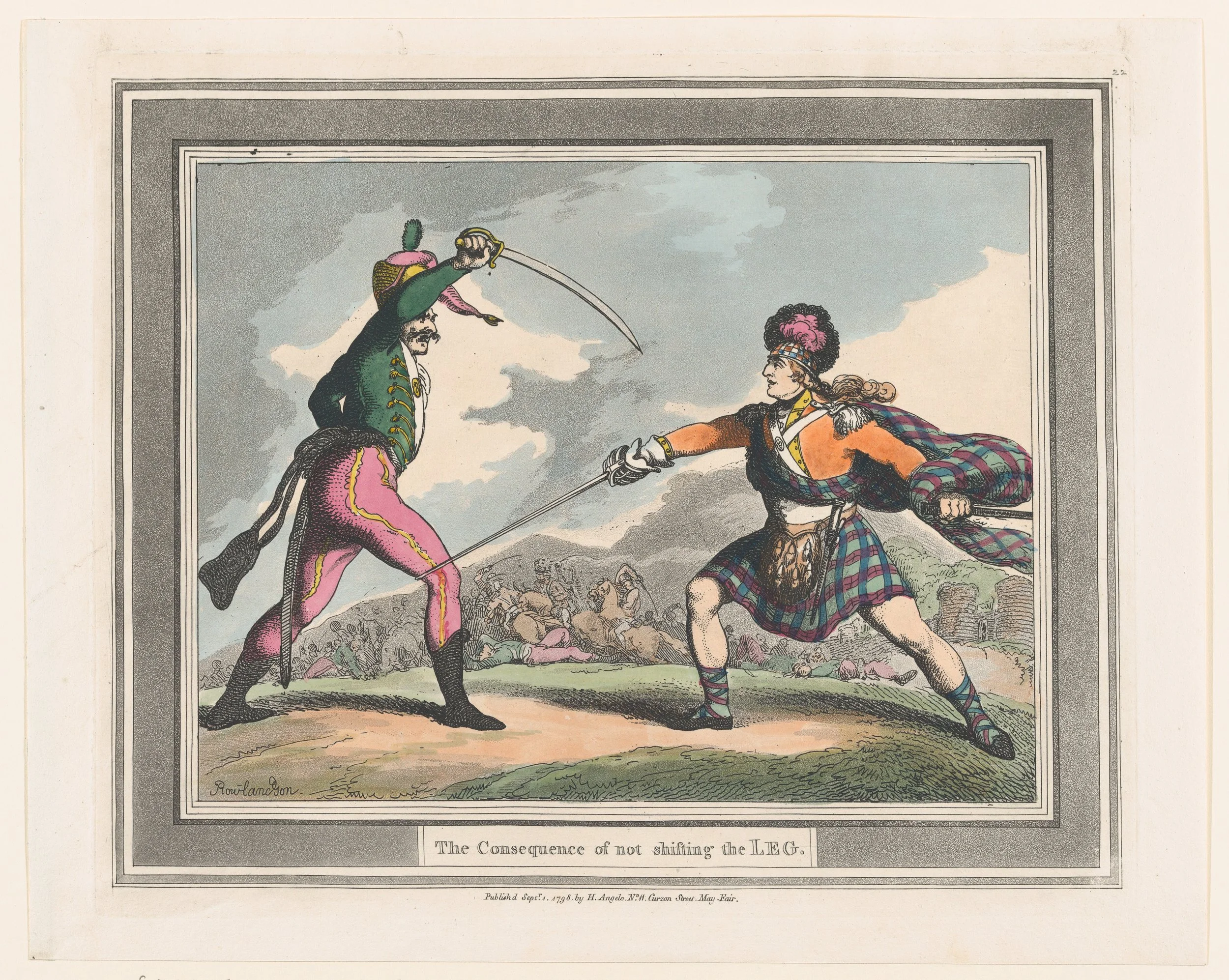 A colorized historical illustration of two men in Scottish attire engaged in combat with swords, with a background of a battlefield scene. The caption reads "The Consequence of not shifting the LEG."