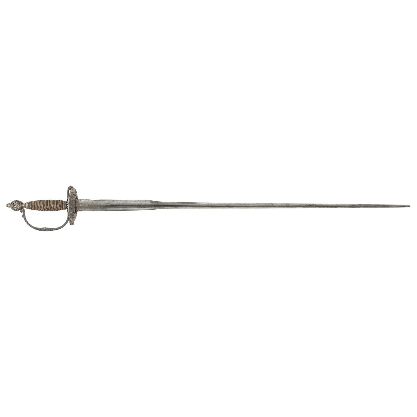 A vintage sword with an ornate handle, a wide guard, and a long, straight blade.