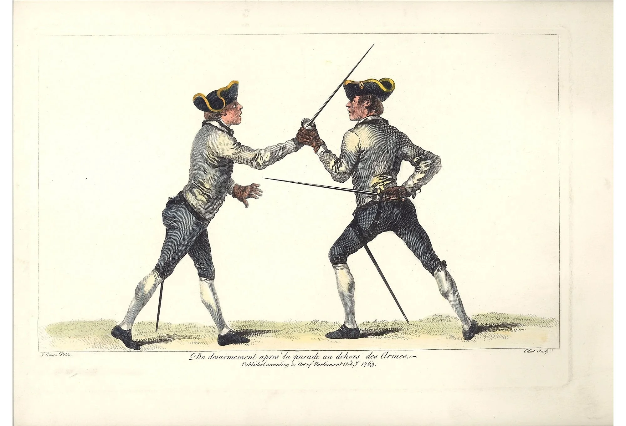 Historical illustration of two men in 18th-century military uniforms fencing with swords, engaged in a duel.