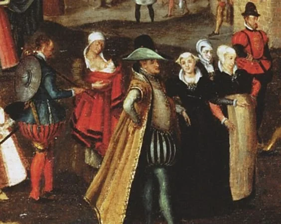 Group of people dressed in historical clothing, standing in a line outdoors.