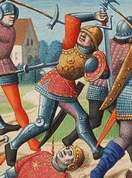 Medieval knights engaged in a combat scene, with some fighting and one fallen on the ground.