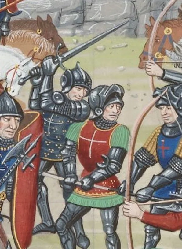 Medieval knights in armor engaging in battle, with some on horseback.