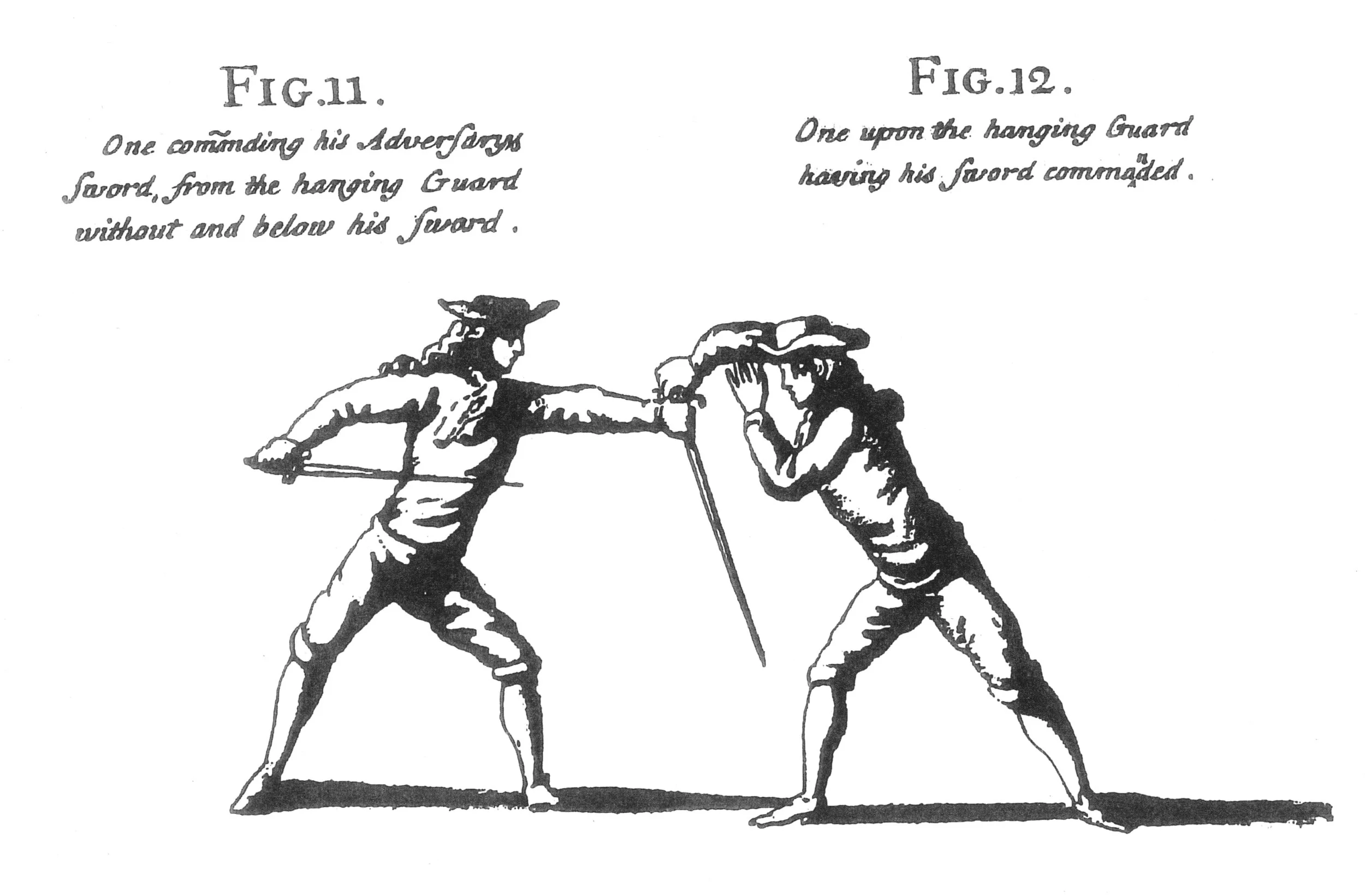 Illustration of two men fencing, one with his sword extended, the other with a shield raised and hands on his hat.