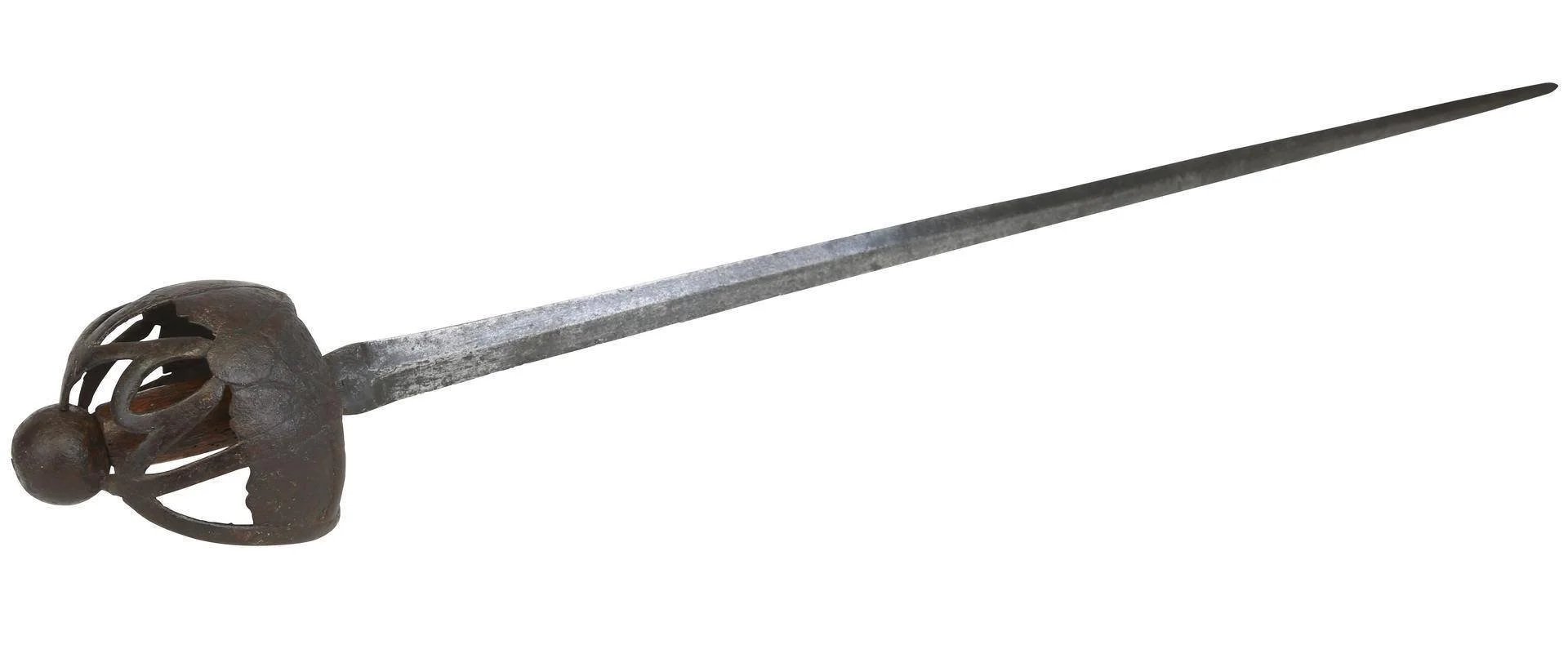 An antique metal sword with a basket guard and a long, straight blade.