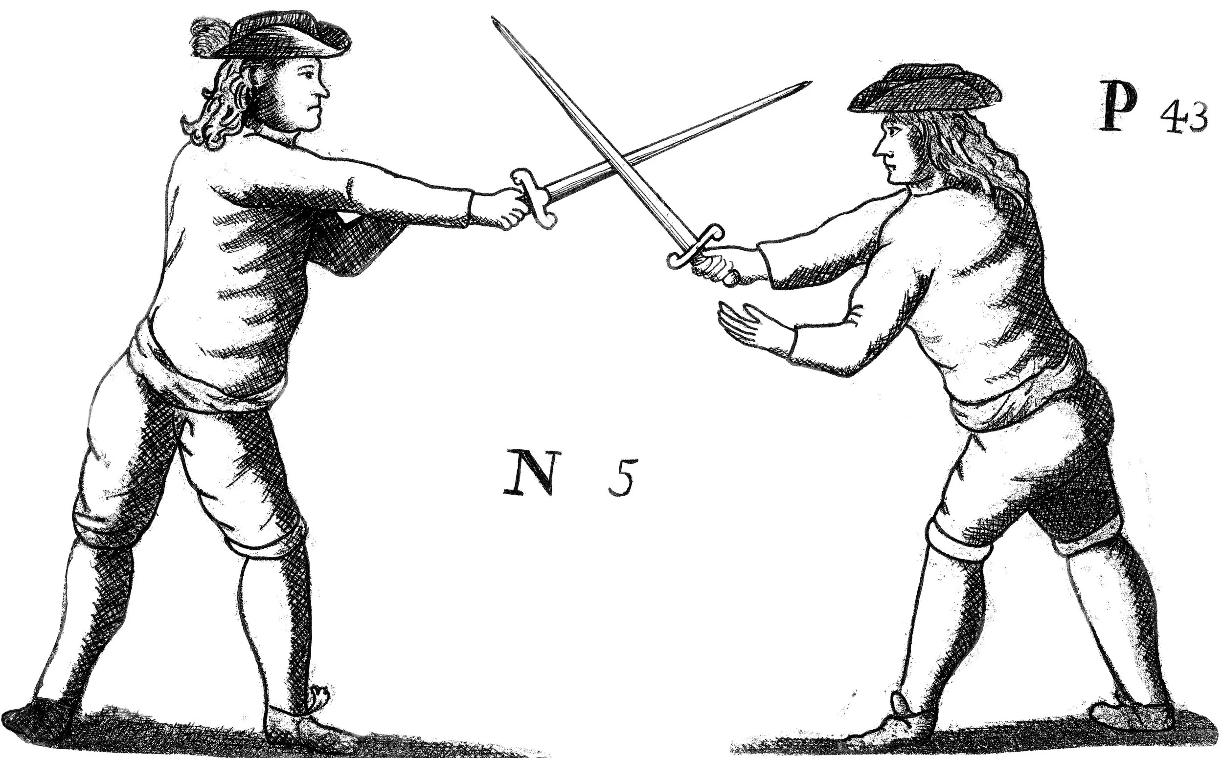 A black and white line drawing of two men in 17th-century clothing engaged in combat with swords. One man, on the left, is in a defensive stance, while the other, on the right, is attacking. They are wearing hats and loose clothing. The background fe