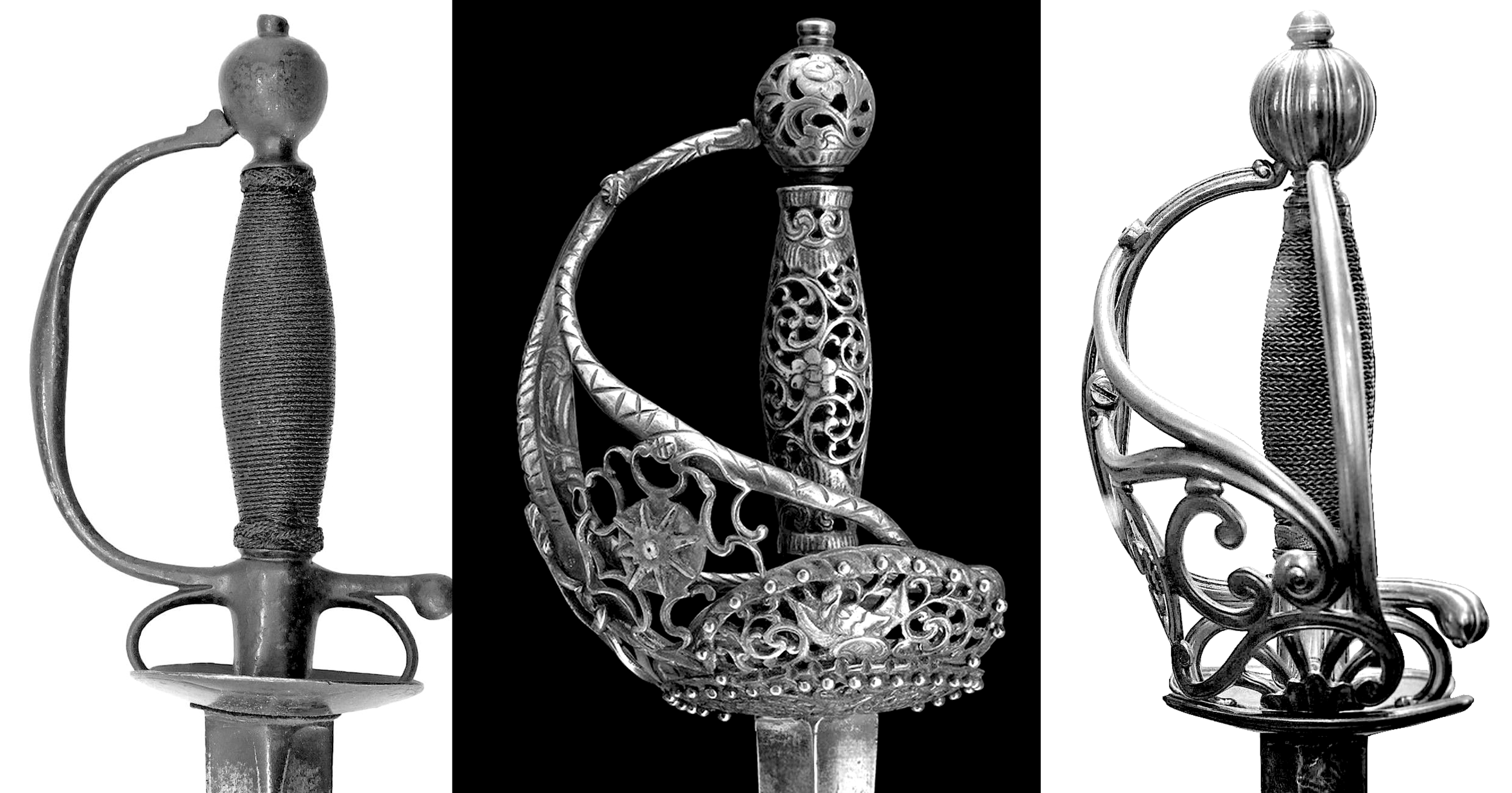Three ornate, decorative swords with intricate hilts and designs, displayed vertically against contrasting backgrounds.