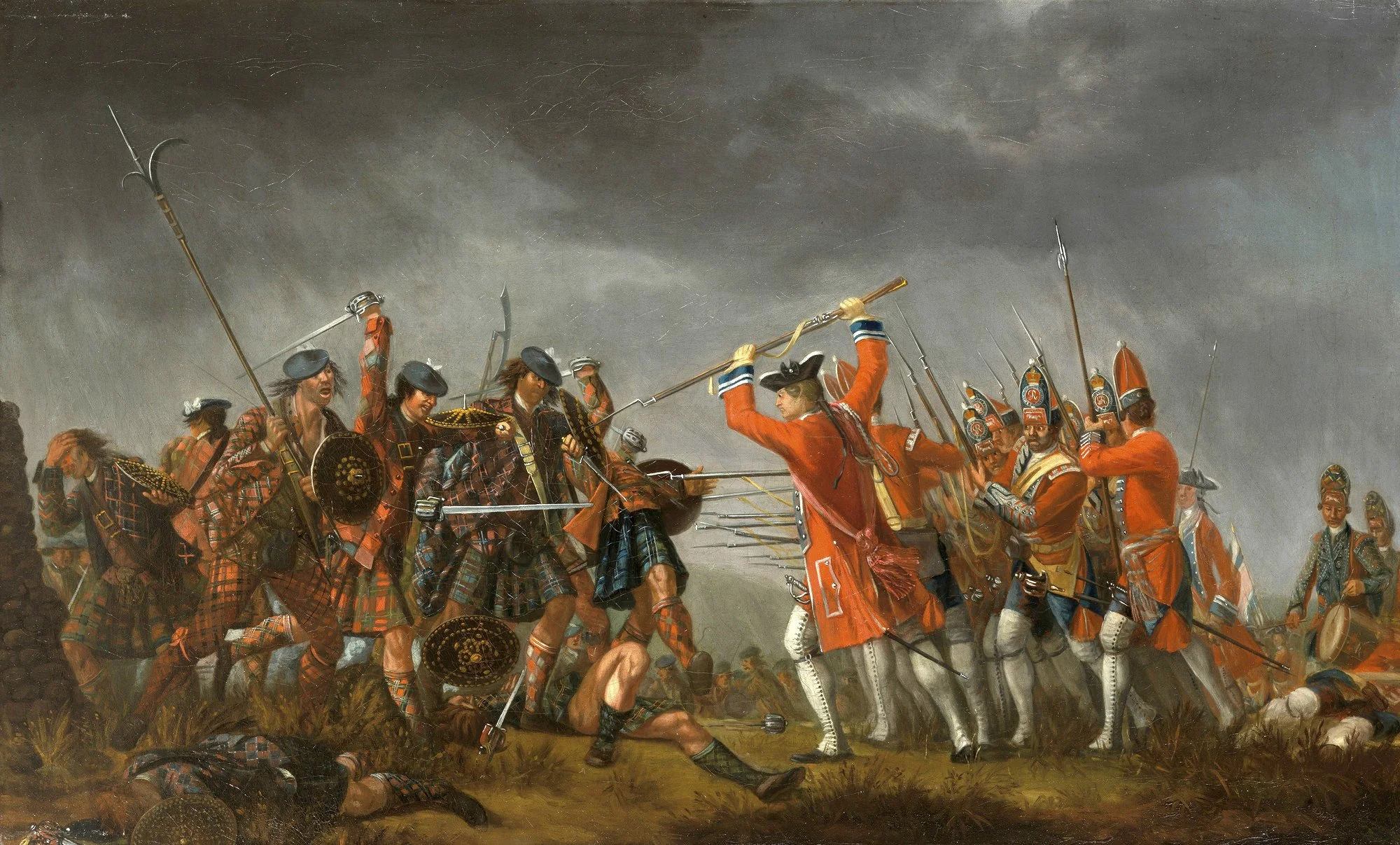 Historical painting of a Scottish Highlander confrontation with British soldiers, holding shields and weapons, in a battle scene under a dark, stormy sky.