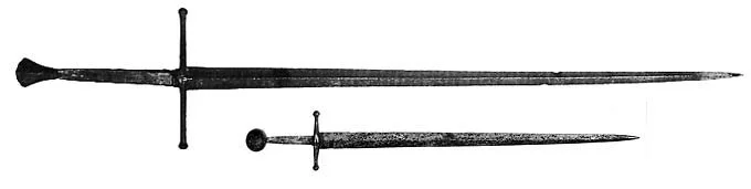 Two ancient swords with cross-shaped and straight blades, one larger than the other.