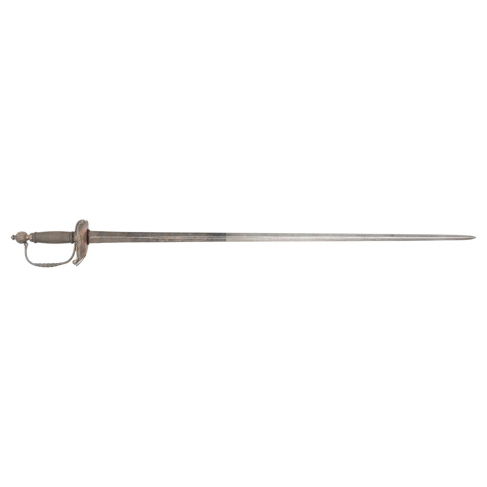 A vintage silver sword with a textured handle and a protective guard, laid horizontally on a white background.