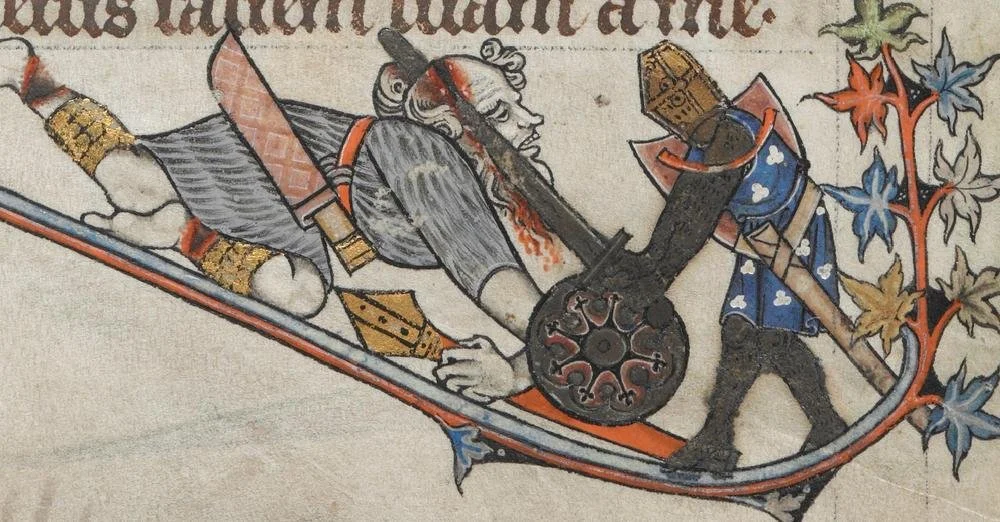 Medieval illustration of a knight in armor wielding a sword and shield, accompanying a person in a blue coat with colorful leaves around them.