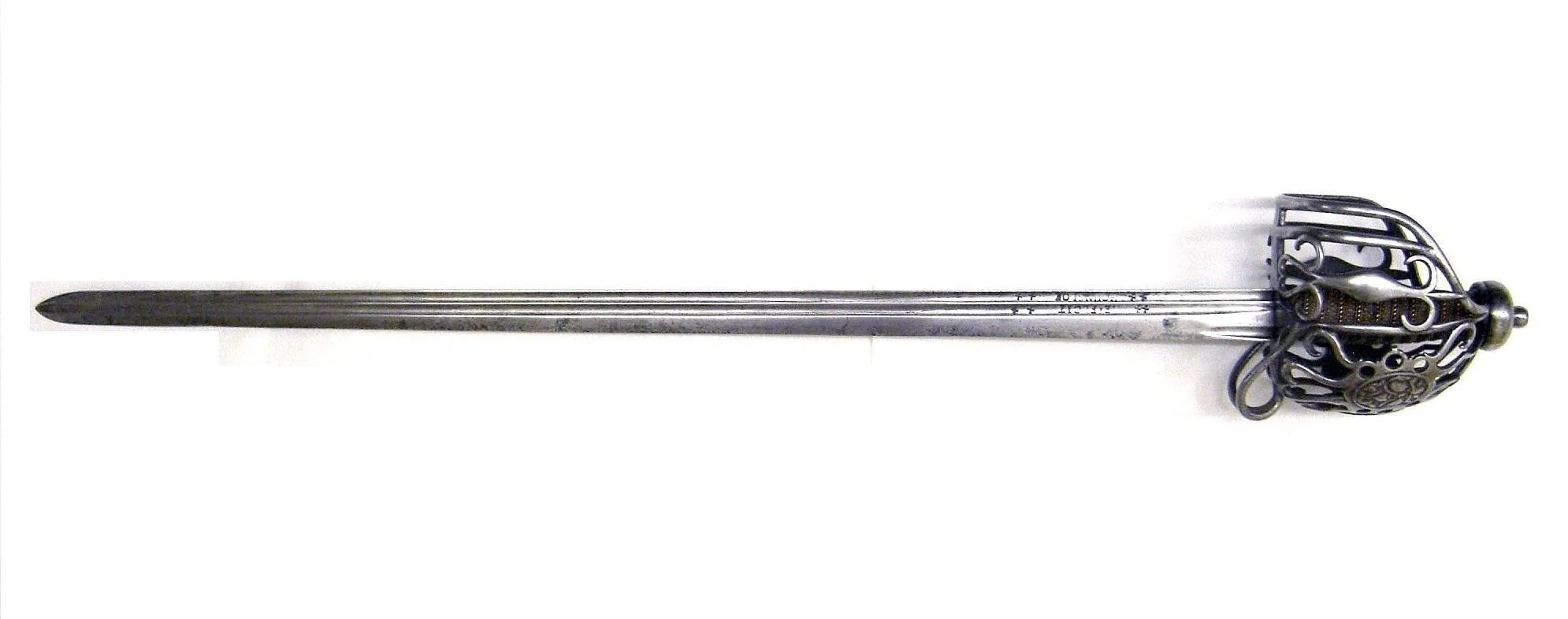 A silver sword with an ornate, decorative handle and a long, straight blade.