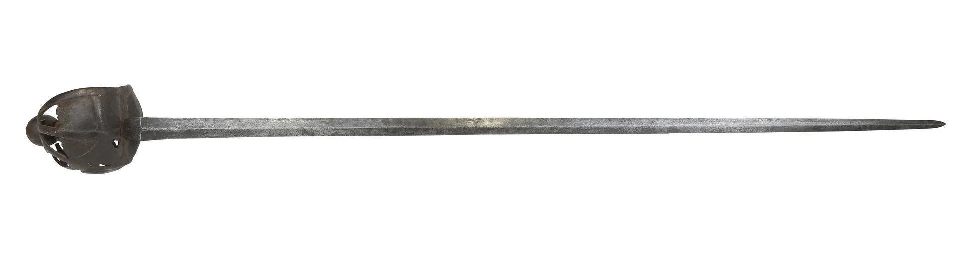 A vintage broadsword, lying horizontally on a white background.