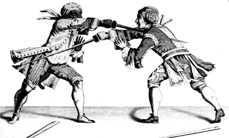 Two men engaged in a sword fight, each holding a sword with both hands, wearing 17th-century clothing, in a historical illustration style.