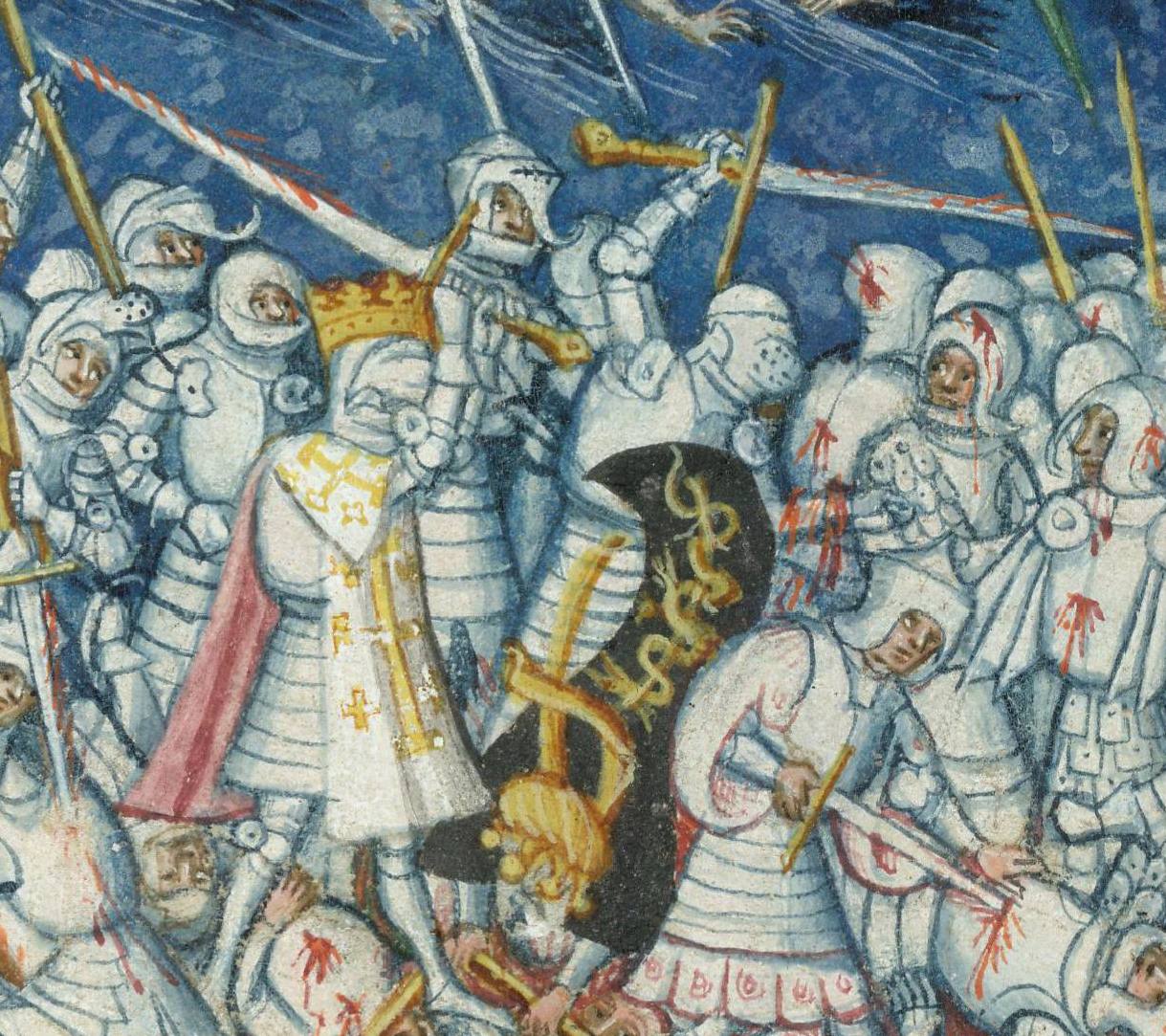 Medieval battle scene with knights in armor fighting, some wearing white cloaks with red markings, holding swords and shields, against a blue background.