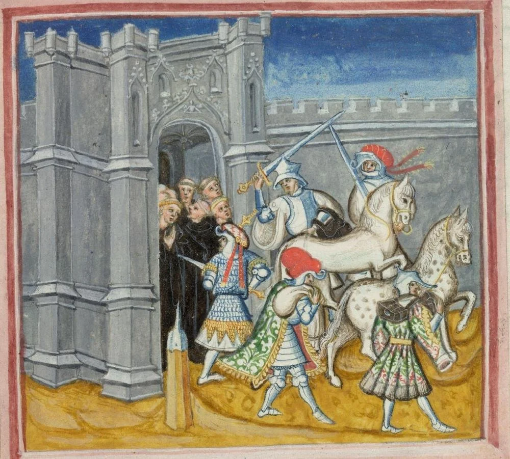 Medieval knights and king approaching a castle with a group of onlookers