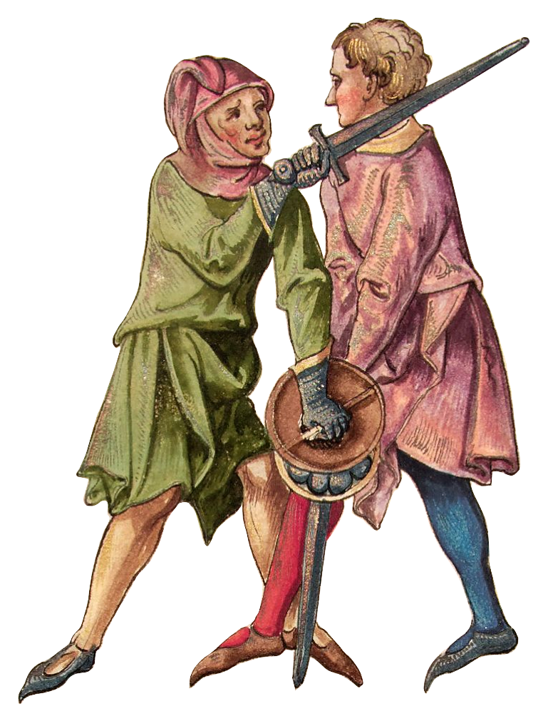 Colorful medieval-style illustration of a man holding a sword another man's neck.