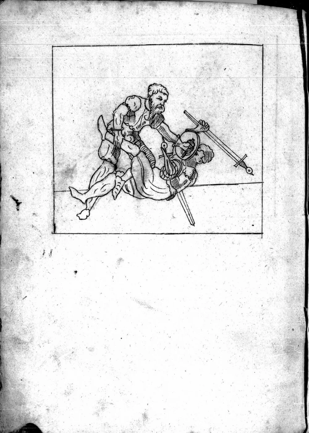 A historical illustration of two armored men engaged in combat, with one man spearing the other in a dynamic scene.