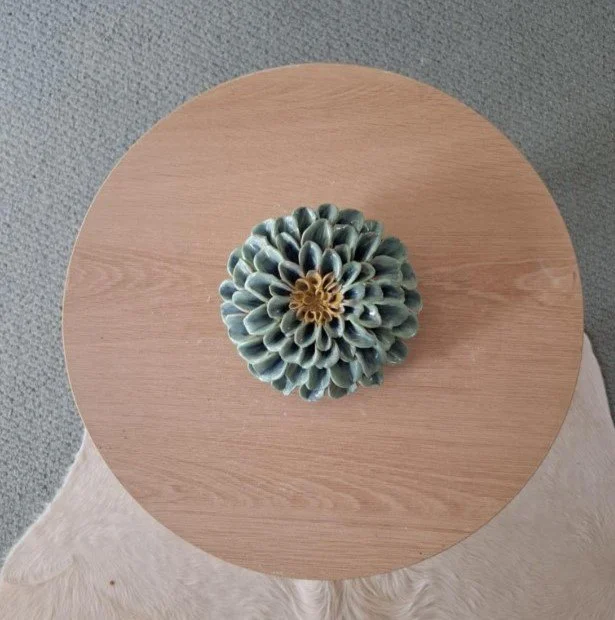 Green & Blue Dahlia with yellow centre