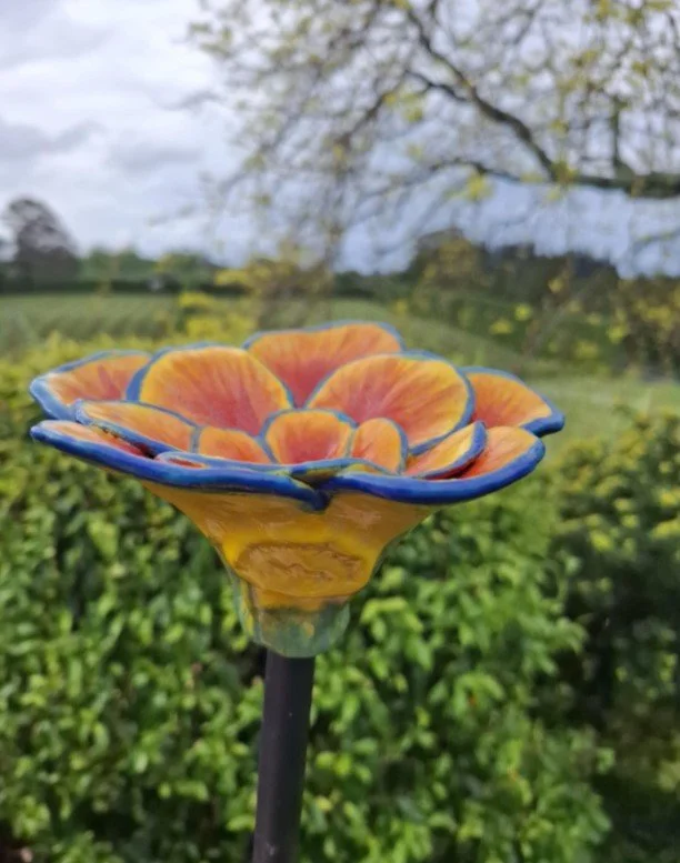 Red and yell flower with blue edge stake.jpg