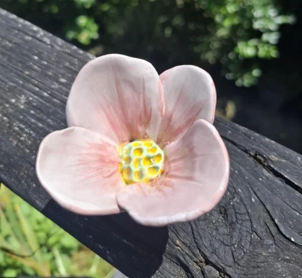 Pink, yellow and white flowers on stakes