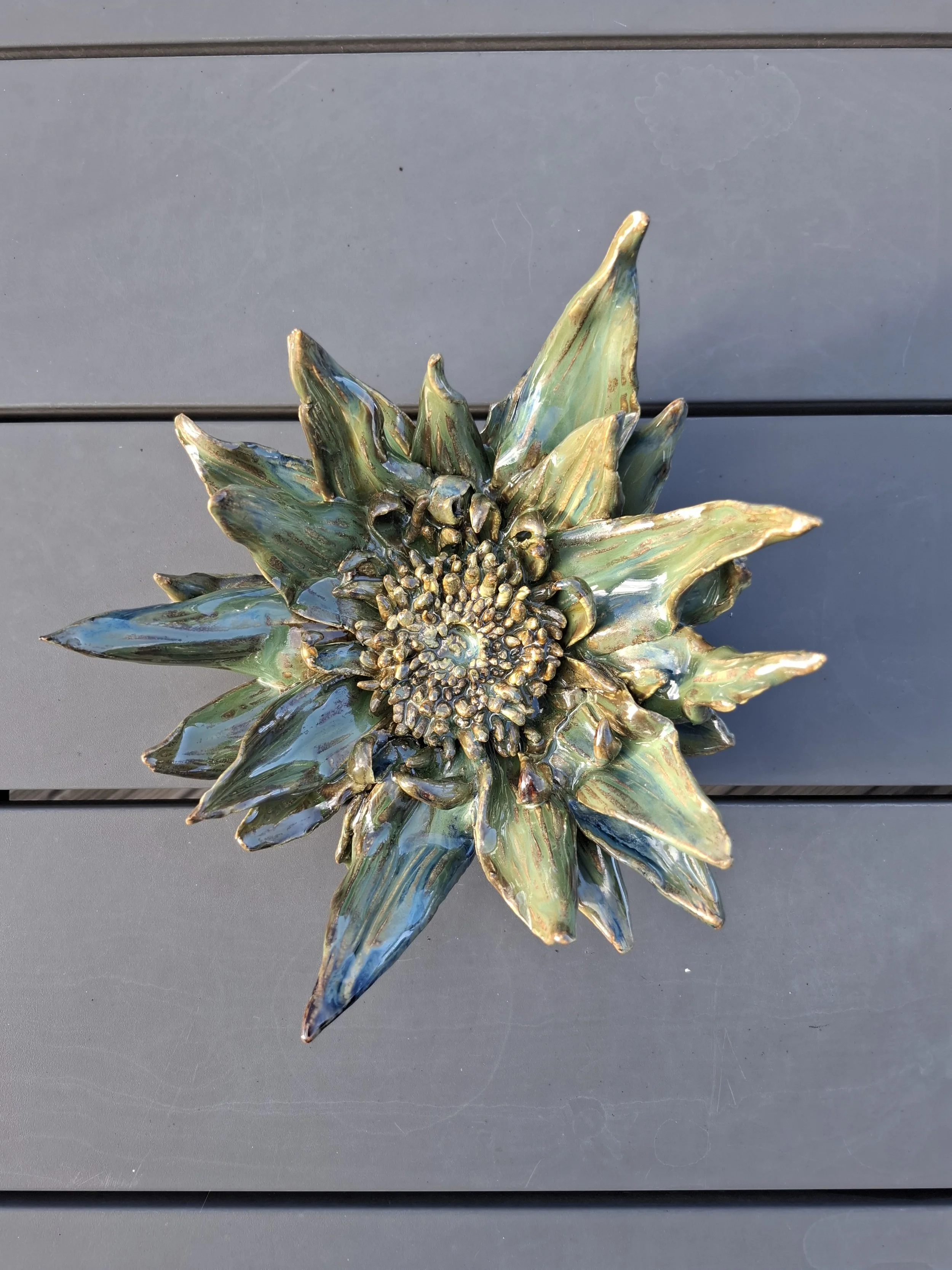 Sculptural Dahlia Bloom in Blues and Greens