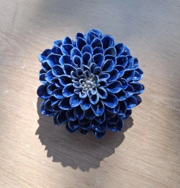 SOLD - Handcrafted Bright Blue Ceramic Dahlia Wall Art