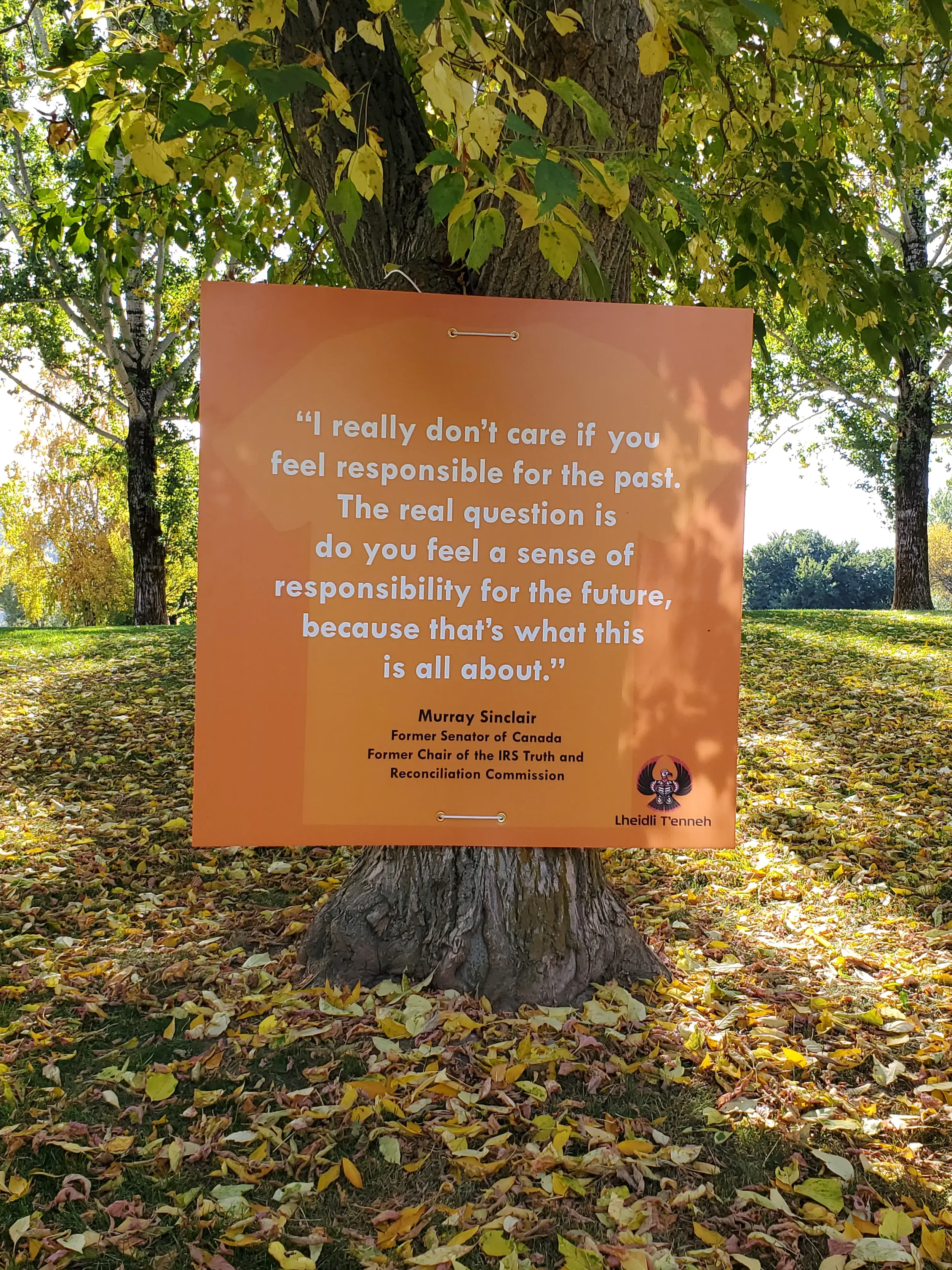 A quote on an orange sign mounted on a tree in a park setting surrounded by fallen autumn leaves and green foliage.