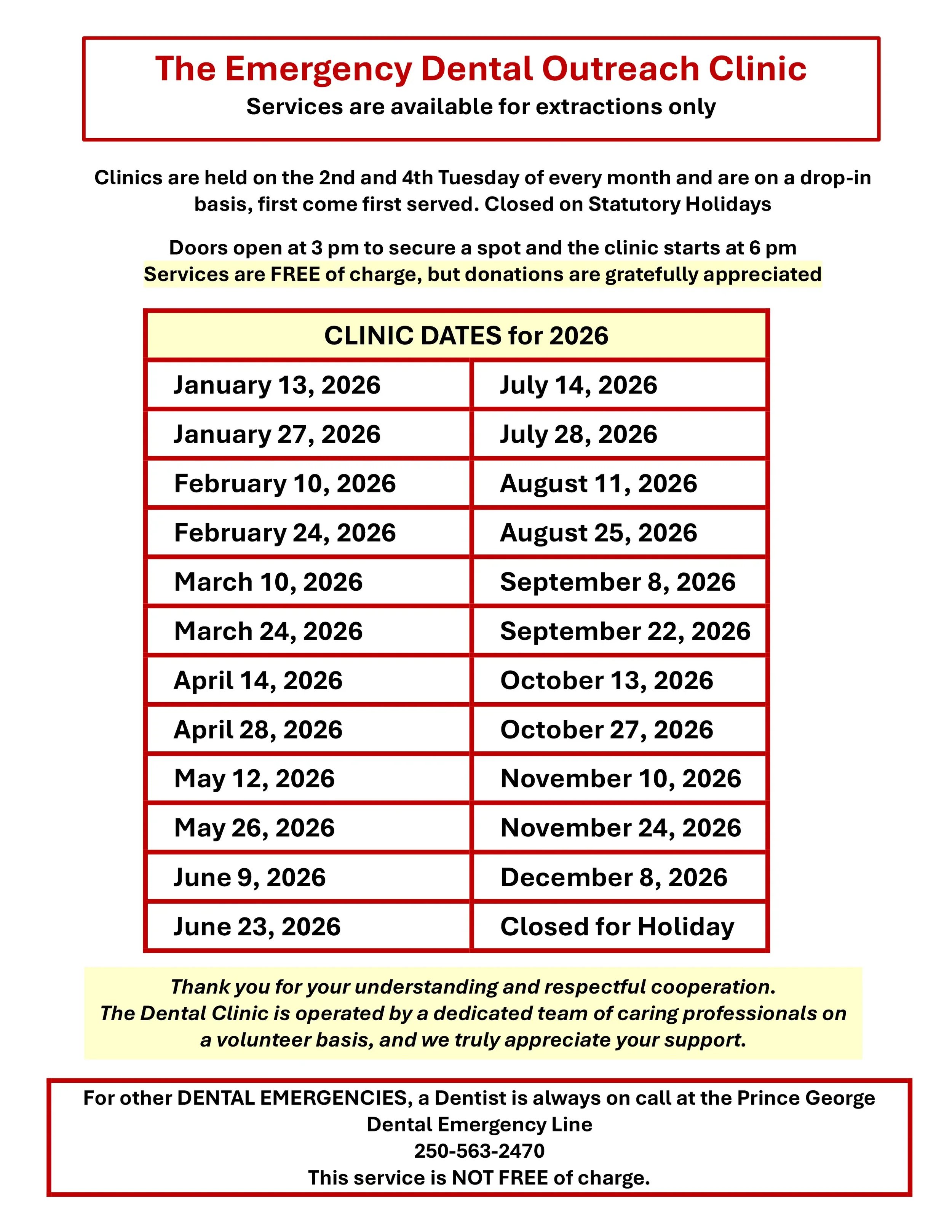 Emergency Dental Outreach Clinic Dates 2026