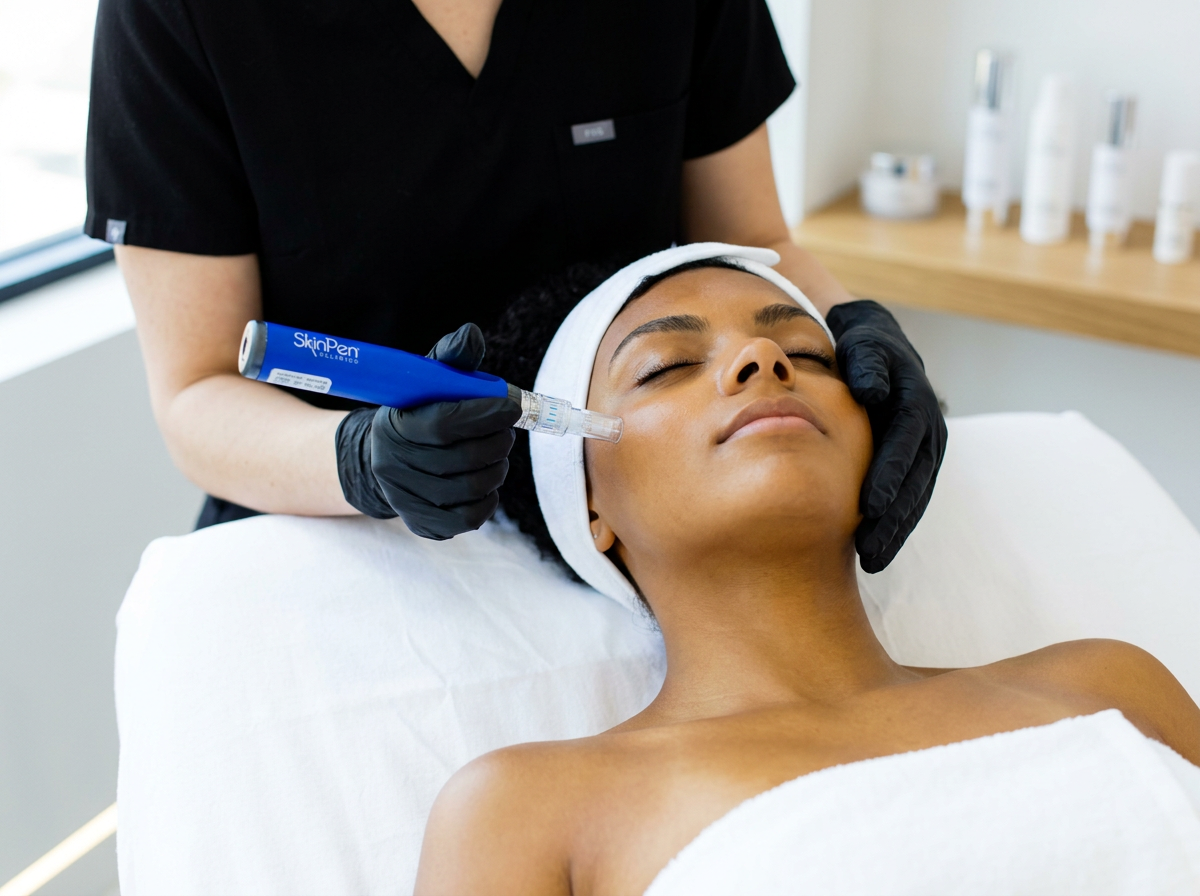 A woman receiving a cosmetic treatment with a device labeled 'SkinPen' on her cheek, in a clinic setting.