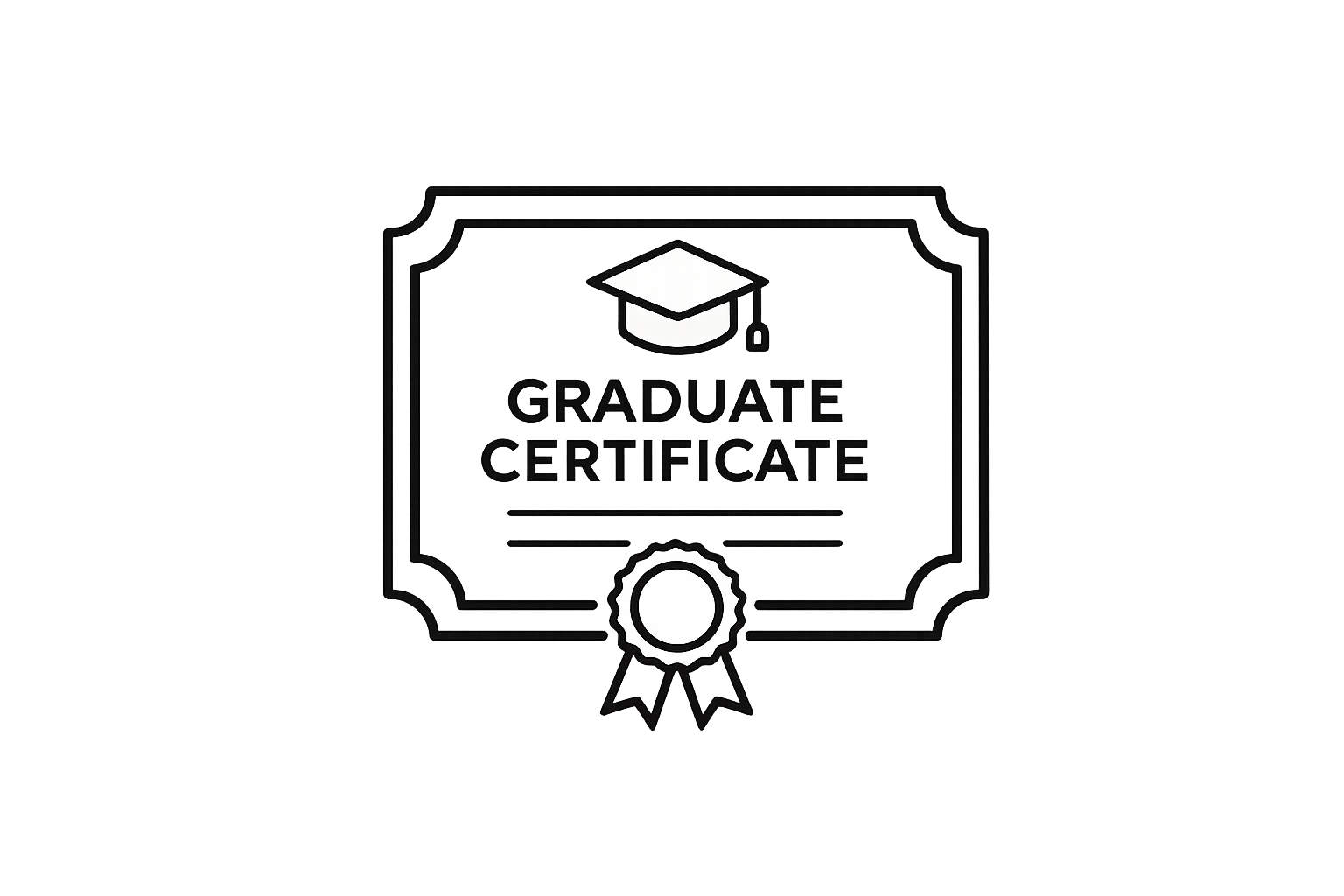 A digital drawing of a professional certificate with the text "Graduate Certificate" and a graduation cap icon at the top, adorned with a ribbon at the bottom.