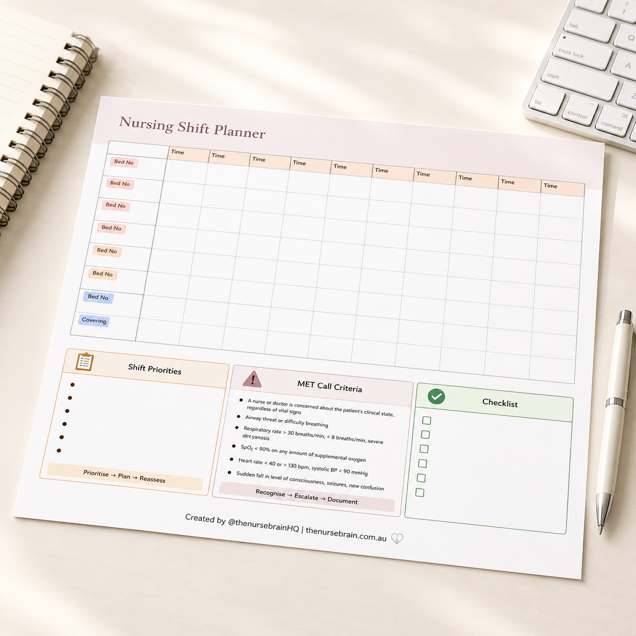 Nursing shift planner form on a desk next to a notebook, pen, and a keyboard.